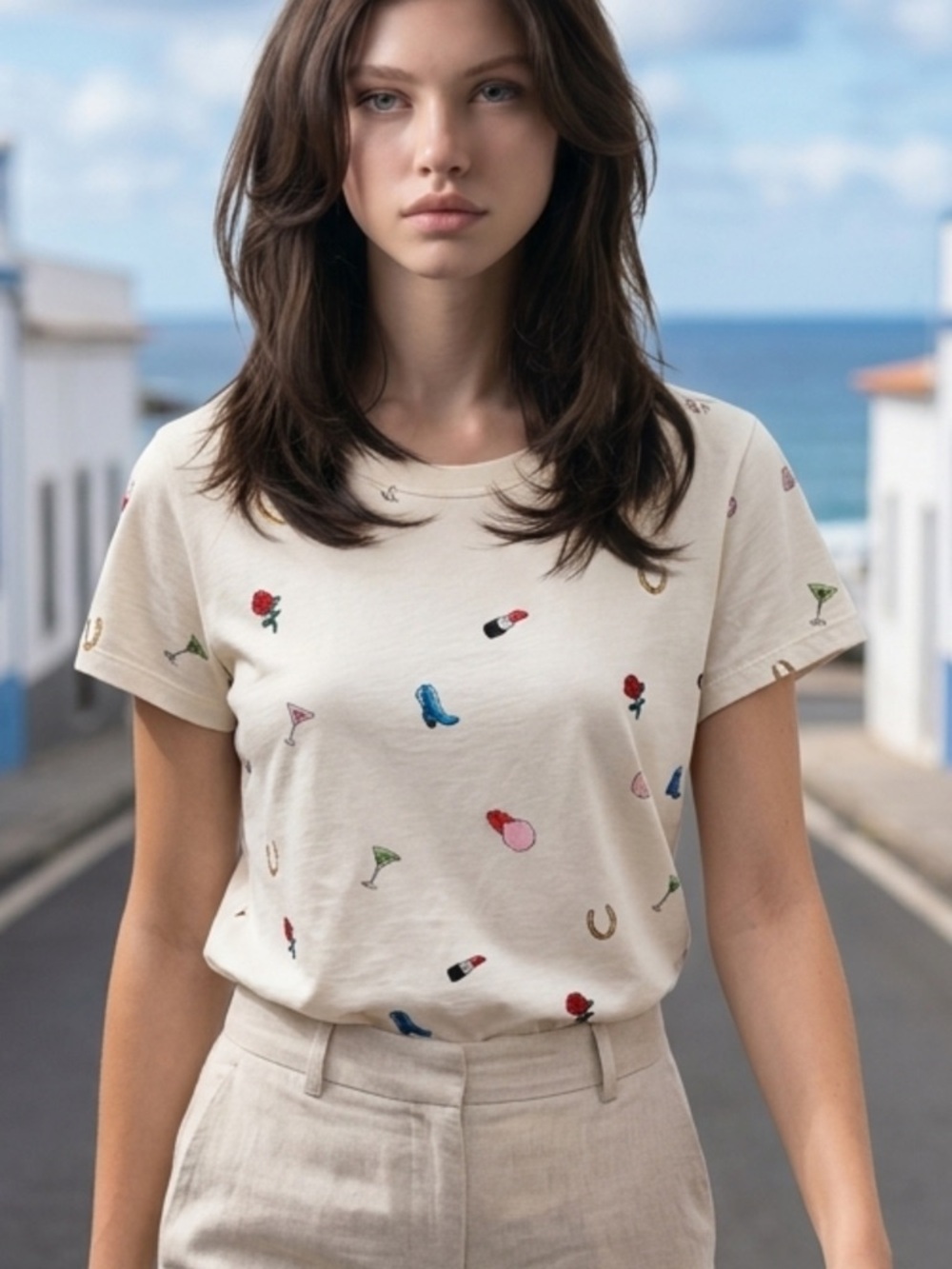 Rag n Bone Cream Embroidered Icon Tee - Women